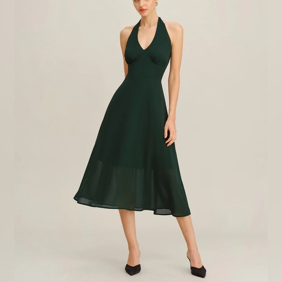 RIHOAS Dresses & Skirts - Rihoas Green Chiffon A-Line Halter Midi Dress